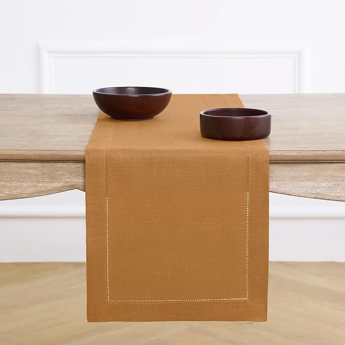Solino Home 100% Pure Linen Table Runner Brown Sugar Hemstitch, 14 x 72 in | Classic Hemstitch, brings a tailored look to family meals and hosting, hemstitched border, soft, fine, OEKO-TEX Certified