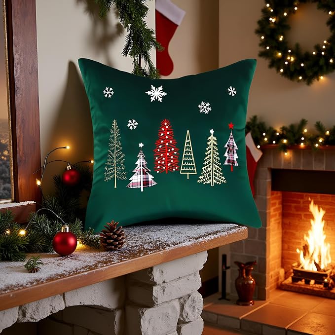 Christmas Embroidery Throw Pillow Covers 24 x 24 inch Set of 2 Xmas Dec Velvet Pillowcases Forest Green Christmas Trees Cushion Pillow Cases Soft Square Holiday Pillowcase