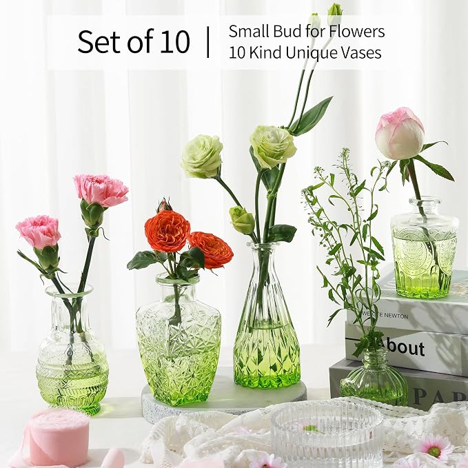 Olive Green Glass Bud Vases Set of 10, Wedding Table Centerpiece | Set of 10 Olive Green Vintage Glass Bud Vases, Earthy Tones for Rustic & Bohemian Wedding Centerpieces and Home Decor