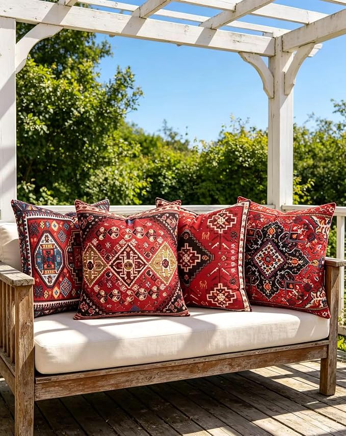 Set of 4 Boho Throw Pillow Covers 18x18 Inch Red Kilim Tribal Decorative Pillow Cases for Couch Bed Living Room Spring Summer Decor