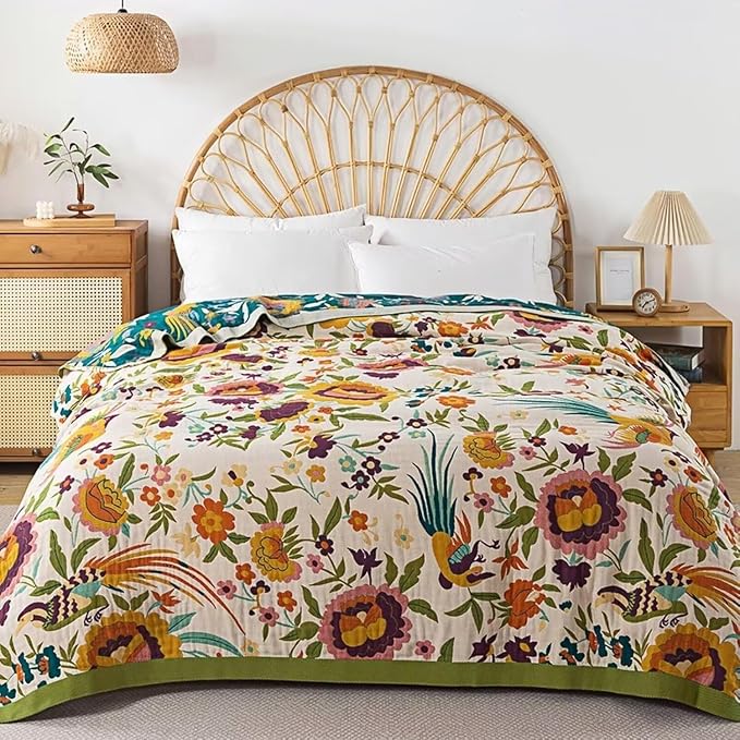 Boho Throw Blanket for Bed 100% Cotton Bohemian Blankets Ultra Soft Woven Muslin Decorative Blankets All Seasons Vintage Quilt Knitted Blanket for Sofa Chair(Beige, 50"x60")