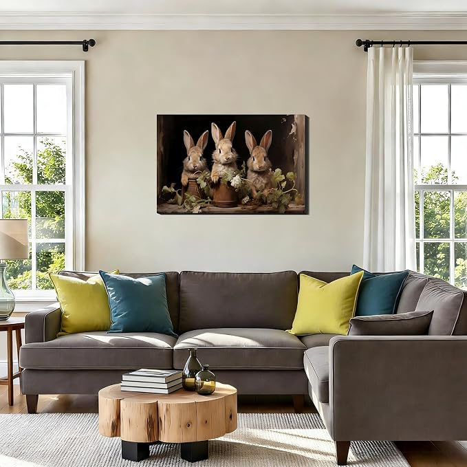 Vintage Framed Wall Art,Easter Bunny Canvas Wall Art Decor,Rustic Neutral Rabbit Oil Painting Poster Home Decor for Nursery Kids room Living Room Bedroom, Gifts for Friends