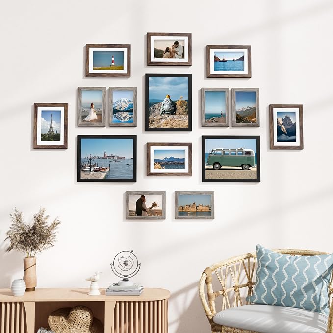 Vittanly 15 Pack Gallery Wall Frame Set, Black, Brown, Dark Grey | Picture Frames Collage Wall Decor: 3pcs 8x10, 6pcs 5x7, 6pcs 4x6. Picture Frame Set for Wall or Tabletop Display