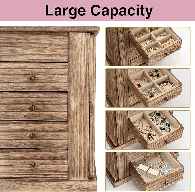 Emfogo Jewelry Box for Women, 5 Layer Large Wood Boxes & Organizers for Necklaces Earrings Rings Bracelets, Rustic Organizer with Drawers and Mirror(Carbonized Black)