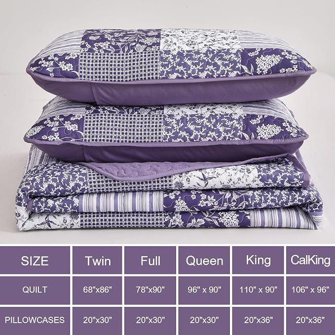 Mybedsoul Purple Twin Quilt Dorm Bedding, Patchwork Floral Bedding Set | Soft Lightweight Microfiber Floral Coverlet Set, 2 Pieces Plaid Reversible Bedspread, Bed Sets for All Seasons 68"x86"