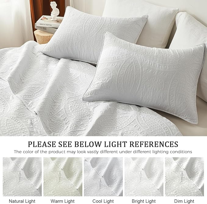 akkialla Queen Quilt Bedding Set,White Ultrasonic Full/Queen Quilt Set,Lightweight Soft Bedspread Coverlet,Modern Style Coin Pattern Bed Cover for All Seasons,3 Piece(1 Quilt,2 Pillow Shams)