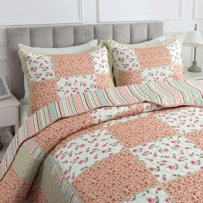 Travan 3-Piece Quilt Set Quilted Bedspread Lightweight Coverlet Set Patchwork Floral Oversized Reversible Soft Quilted Bedding Coverlet Set for All Seasons, Queen Size