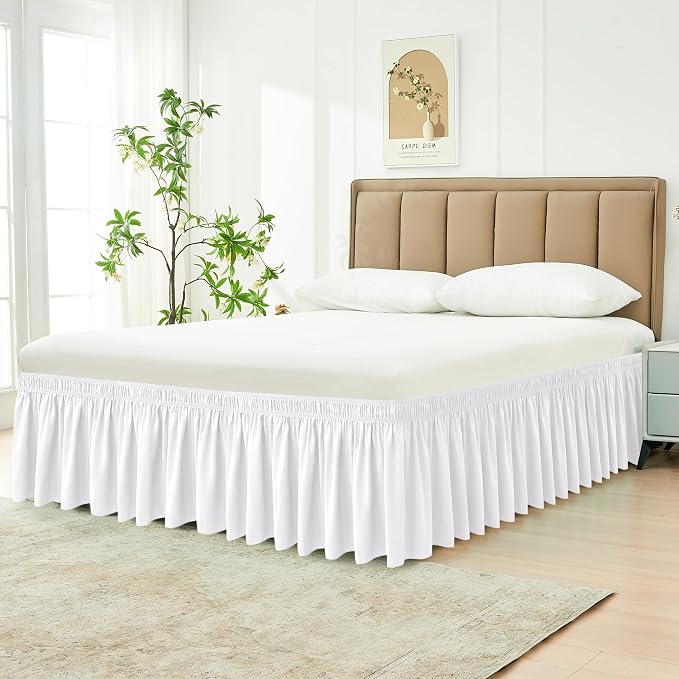 Wrap Around Bed Skirt Dorm Twin & Twin XL 25" Drop-Elastic Long Dust Ruffle | Adjustable Pleated Bedskirt-Easy Fit Wrinkle Resistant-Washable Hotel Quality-College Dorm Apartment Guest Bedroom White
