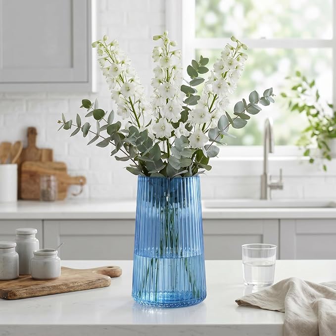 Blue Glass Vase for Flower, Flower Vase for Bouquet, Modern Glass Vases, Ribbed Vases for Living Room, Bedroom, Dining Table, Office, Wedding, Centerpieces, 8 Inches