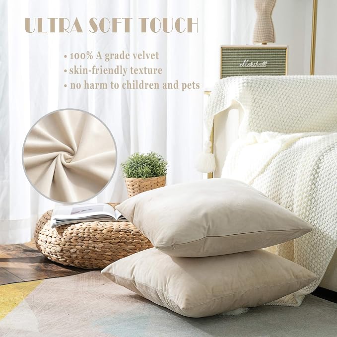 Stellhome Super Soft Velvet Throw Pillow Covers Square Pillowcase for Bed Couch Sofa Bench, 18 x 18 inch (45 cm), Beige, Pack of 2