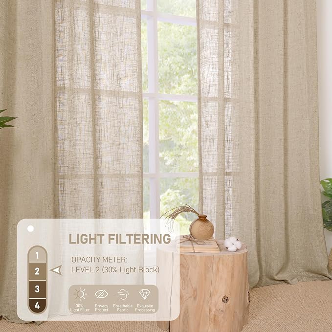 84 Inch Length Linen Semi Sheer Curtains for Bedroom 2 Panels | Brown, Light Filtering Drapes, Living Room, Boho Burlap, Panels for Farmhouse, Dining Room, Bronze Grommet, 38 x 84 Inch