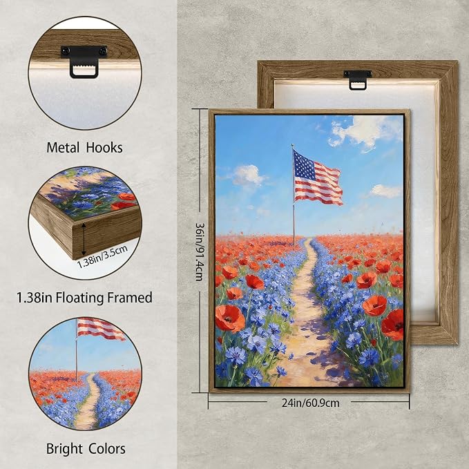 American Flag Framed Canvas Wall Art, 4th of July Patriotic Canvas Prints | Wildflower Field Landscape Poster Print, Vintage Rustic Independence Day Wall Decor for Bedroom Living Room 24×36in