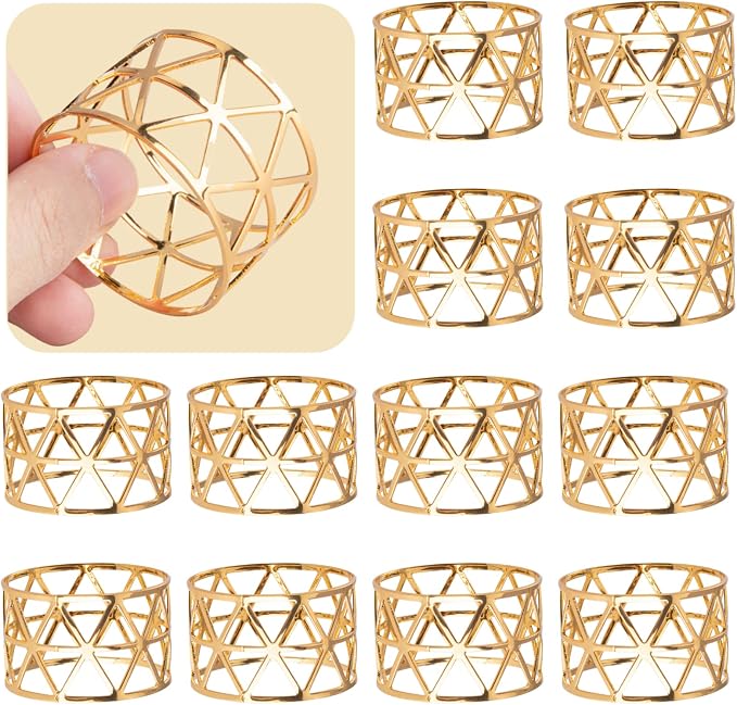 12PCS-LUNEY Gold Napkin Rings Set of 12 Metal Napkin Holder for Table Decor | 1.8" Dia×1.14" W, Sturdy Rustproof, Easy Wipe Clean, Recyclable, for Dining Wedding Birthday Party Holiday fall