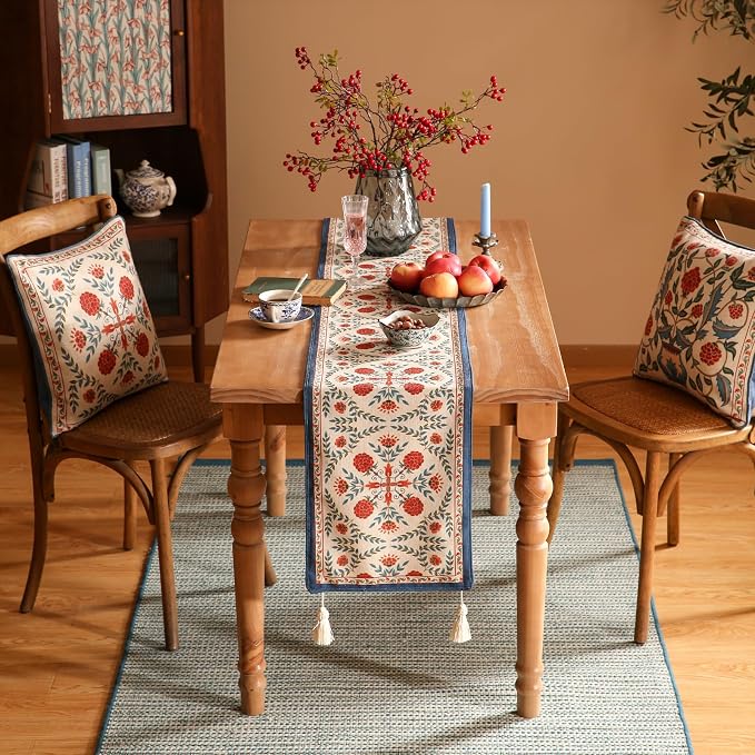 Patdrea Designer French Elegant Linen Table Runner,12"X87"-Puno B | Vintage Tablerunner 87 Inches Long,Colorful Floral Pattern,Decorative Runner for Dining Room Living Room Banquet