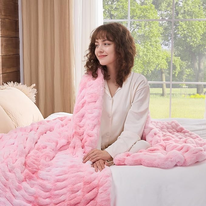 Lotus Karen Faux Fur Throw Blanket, 900 GSM Dual-Sided Soft Ruched Fluffy Blanket for Couch, Cozy Fuzzy Plush Throw Gifts for Women Man Bedroom Living Room (Tie-Dye Pink, 50"x60")