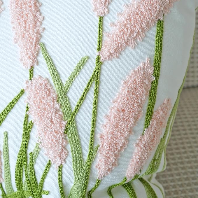 vctops Farmhouse Pampas Grass Cotton Tufted Throw Pillow Cover Boho Embroidery Pillowcase Soft Square Cushion Case for Sofa Couch Bed Chair (Light Pink,18"x18")