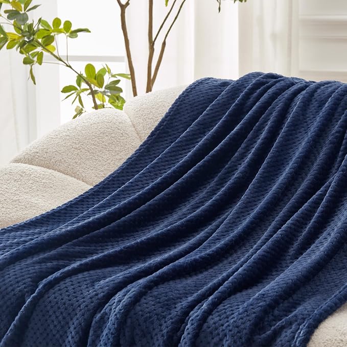 Exclusivo Mezcla Large Waffle Fleece Throw Blanket for Couch, Navy | Lightweight Soft Blanket for Sofa, Bed, Living Room, Plush Fluffy Throw for Home Decor, Travel, All Season, 50x70 Inches