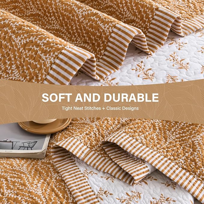 SahSahCasa Quilt Set King Size, 100% Cotton Quilt Bedding Set Bedspread, Botanical Pattern Solid Color Chic Lightweight Quilted Comforter for King Bed, White/Caramel, All Season, 3pcs