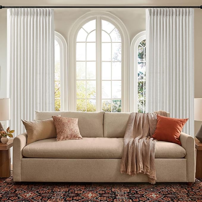 IVAPUPU Extra Wide Pleated Linen Curtains Semi Sheer Drapes Light Filtering | Living Room, Linen Blend, Sliding Door, Linen Blend, with Hook Rings, Memory Shape, Farmhouse, 70x84, Beige White, 1 Panel