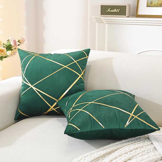 Gyulin Pack of 2 Velvet Throw Pillow Covers 18x18 Inch - Aqua Green Gold Foil Geometric Cushion Cases, Modern Luxury Sofa Bedroom Living Room Home Decor