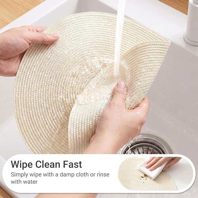 FunWheat Round Braided Placemats Set of 6 Table Mats for Dining Tables Woven Washable Non-Slip Place mats 15 inch(Beige, 6pcs)