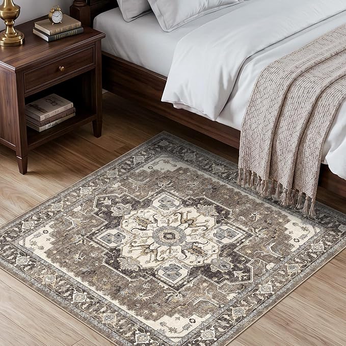 Washable 3x3 Square Rug Entry: Vintage Throw Rugs with Non-Slip Rubber Backing Soft Thin Stain Resistant Carpet for Kitchen Bedroom Entrance Home Decor Floor Mat for Living Room Bathroom (Beige,3x3)