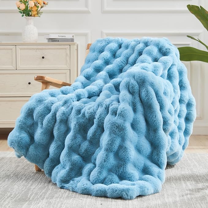NEWCOSPLAY Faux Fur Thick Bubble Throw Blanket for Couch, Blue, 50"x60" | Luxury Fluffy Thick Warm Bubble Blanket for Couch Sofa Bed 1000GSM, Soft Plush Cozy Decorative Throw, Gift for Women Men