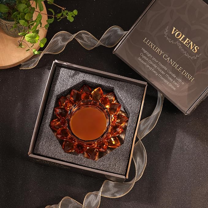 Crystal Lotus Candle Holders for Pillar Candle Amber Decorative Candle Dish