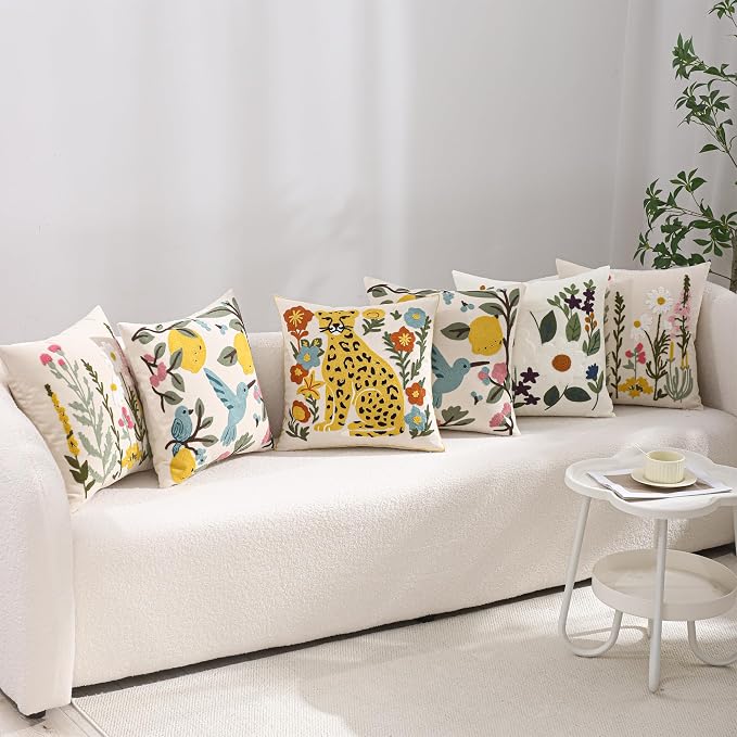 Embroidered Throw Pillow Covers 18x18 Pack of 2 Yellow Leopard Pillow Covers Green Leaves with Floral Pillowcases Boho Pillow Cushion Cases Square Flower Pillowcase Summer Home Decor
