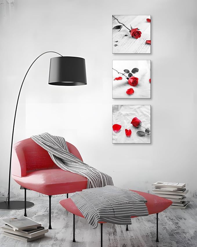 NAN Wind 3 Pcs Modern Canvas Painting Black and White Red Rose Canvas Art Painting Abstract Wall Art Decorations Flower Picture on Canvas for Home Decor Valentines Gift Stretched and Framed
