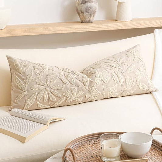 Embroidered Lumbar Pillow Cover 14x36 Inch for Bed Farmhouse Accent