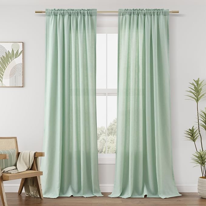 Aqua Green Linen Curtains 96 Inches Long 2 Panel Set Rod Pocket Semi Sheer Dining Room Cozy Bedroom Decor Cotton Look Country Rustic Farmhouse Boho Curtains 52x96