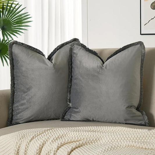 JUSPURBET Gray Decorative Velvet Fringe Throw Pillow Covers 26x26 Set of 2 Boho Soft Cushion Case for Home Decor Living Room Couch Sofa Bed