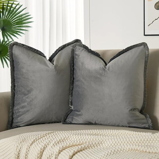 JUSPURBET Gray Decorative Velvet Fringe Throw Pillow Covers 16x16 Set of 2 Boho Soft Cushion Case for Home Decor Living Room Couch Sofa Bed