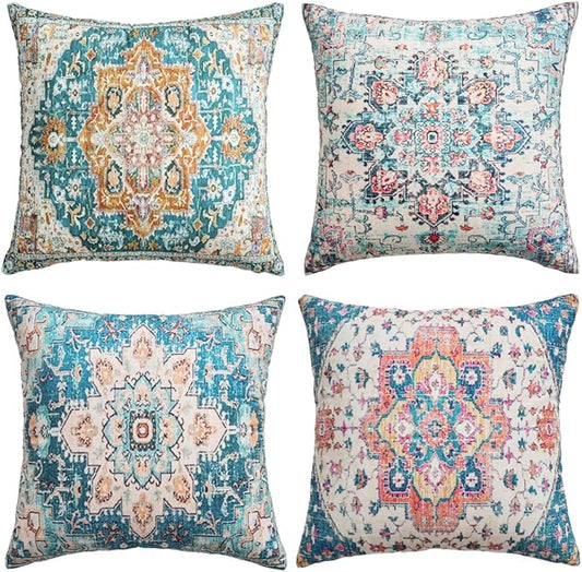 Throw Pillow Covers 20x20 Inch Set of 4 Washable BOHO Vintage Style Decorative Throw Pillow Cases Soft Velvet Square Farmhouse Decor Retro Cushion Covers for Couch Sofa Bed Living Room Outdoor