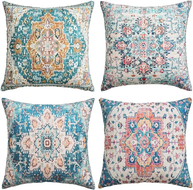 Throw Pillow Covers 18x18 Inch Set of 4 Washable BOHO Vintage Style Decorative Throw Pillow Cases Soft Velvet Square Farmhouse Decor Retro Cushion Covers for Couch Sofa Bed Living Room Outdoor