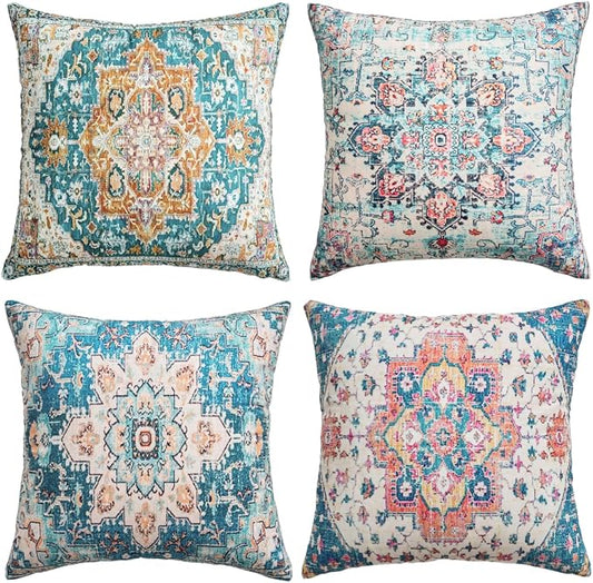 Throw Pillow Covers 18x18 Inch Set of 4 Washable BOHO Vintage Style Decorative Throw Pillow Cases Soft Velvet Square Farmhouse Decor Retro Cushion Covers for Couch Sofa Bed Living Room Outdoor
