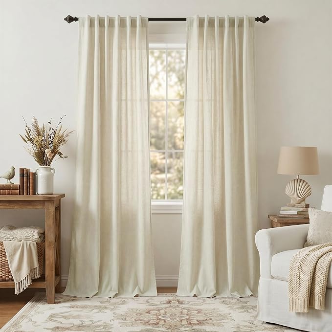 Pitalk 108 Inch Long Curtains for Living Room Birch Beige Linen Extra Long Neutral Farmhouse Light Filtering Semi Sheer Linen Drapes Ceiling to Floor Curtains for Large Window 2 Panels 9 FT 52x108