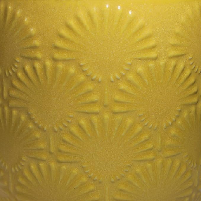 Boho Ceramic Planter，6.7" Contemporary Flower Pot for Indoor Outdoor Plants | Decorative Glazed Embossed Fan Textured Plant Pot with Drainage Hole & Plug, Bohemian Chic Home Garden Decor, Butter Yellow