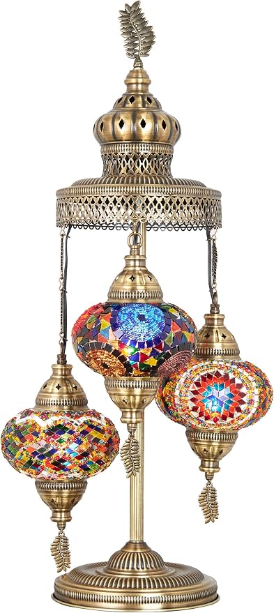 DEMMEX 3 Big Globes XL Magnificent Handmade Turkish Moroccan Mosaic Tiffany Style Table Desk Bedside Lamp Lampshade Exotic Night Accent Light for North American Use, 31" Height (Gift Me - Multicolor)