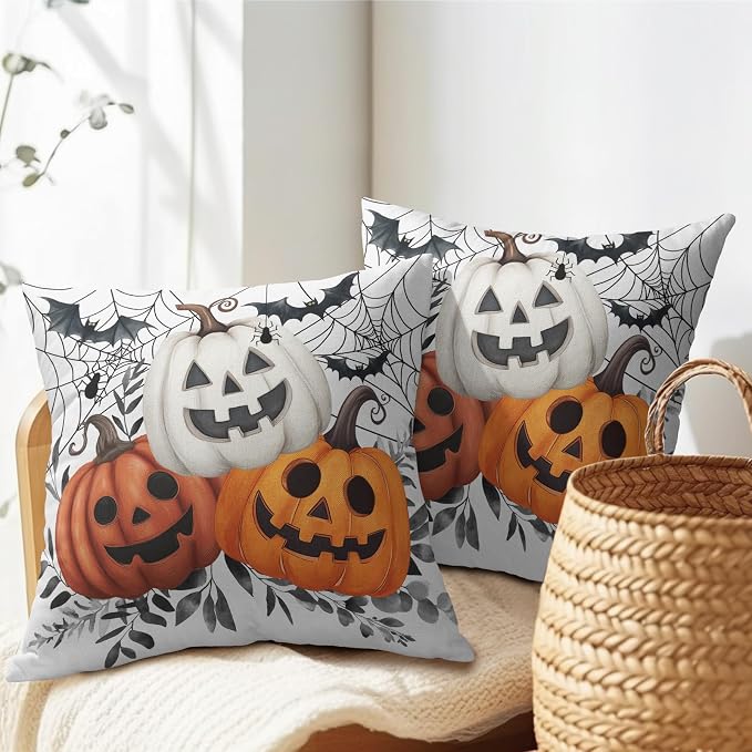 Halloween Pumpkin Throw Pillow Covers 16X16 Inch Pumpkins Jack-O-Lanterns with Black Bat Web Decorative Holiday Pillow Case Cotton Linen Fall Farmhouse Cushion Cover for Home Sofa Couch
