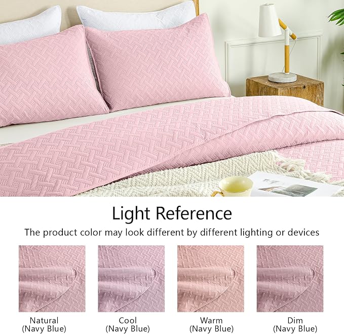 FLYMME Pink Twin Quilt Bedding Set Thin Lightweight Bedspreads,Modern Style Geometric Weave Stripe Pattern,Soft Microfiber Bed Coverlet for All Season (1 Quilt, 1Sham)