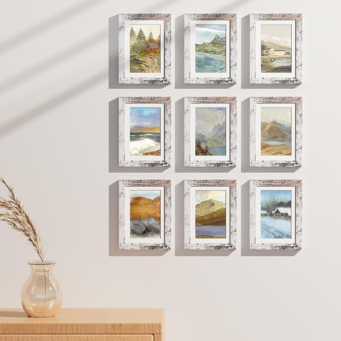 Vittanly 5x7 Picture Frames Set of 9, Wall & Tabletop, Distressed White | Display Pictures 4x6 with Mat or 5x7 without Mat, Small Photo Frames, Engineered Wood with Shatter Resistant Plexiglass