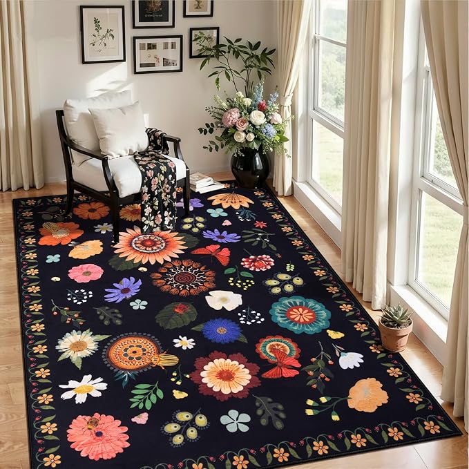 Ciicool 4x6 Washable Area Rug Floral Living Room Rugs for Bedroom Bedside | Soft Low Pile Carpet for Hallway Entryway Playroom Laundry Office Home Boho Non-Slip Black Carpets