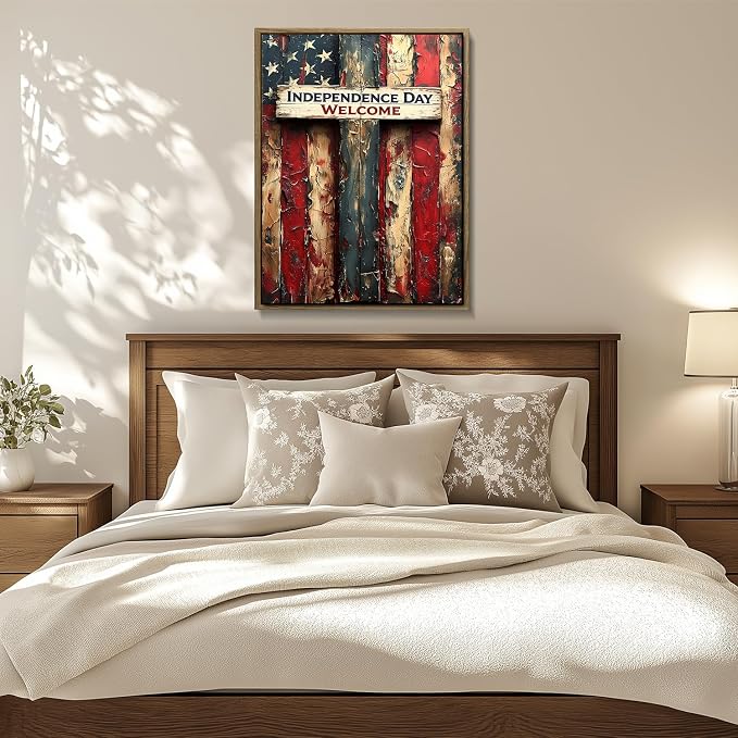 American Flag Framed Canvas Wall Art, 4th of July Patriotic Canvas Prints | USA Flag Wood Texture Poster Print, 4th of July Red White Blue Wall Decor for Bedroom Living Room 20×24in