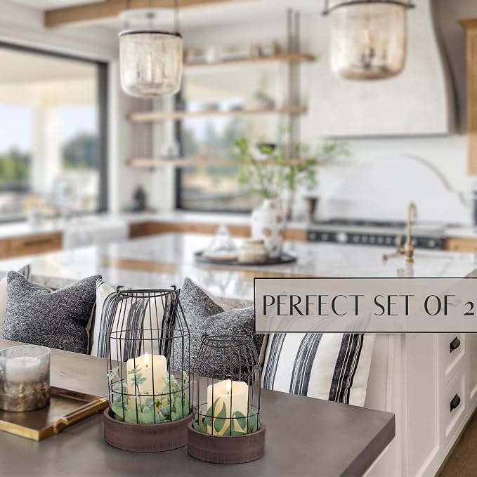 Rustic Farmhouse Lantern Decor Set of 2 - Stylish Decorative Lanterns for Your Living Room, Patio & Porch or Kitchen Dining Table - Modern Indoor/Outdoor Coffee Table Decor for Your Entire Home