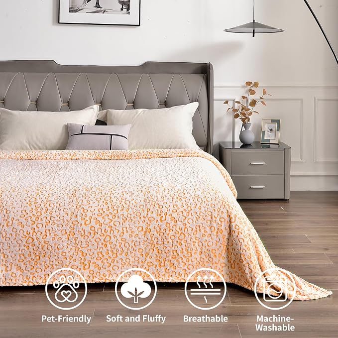 PLEASANT BOULEVARD | Leopard Throw Blanket Fleece, Premium Lightweight Cozy Warm Plush Microfiber Bedspread for Couch Sofa and Bed (Orange, King (108 x 90 inches))