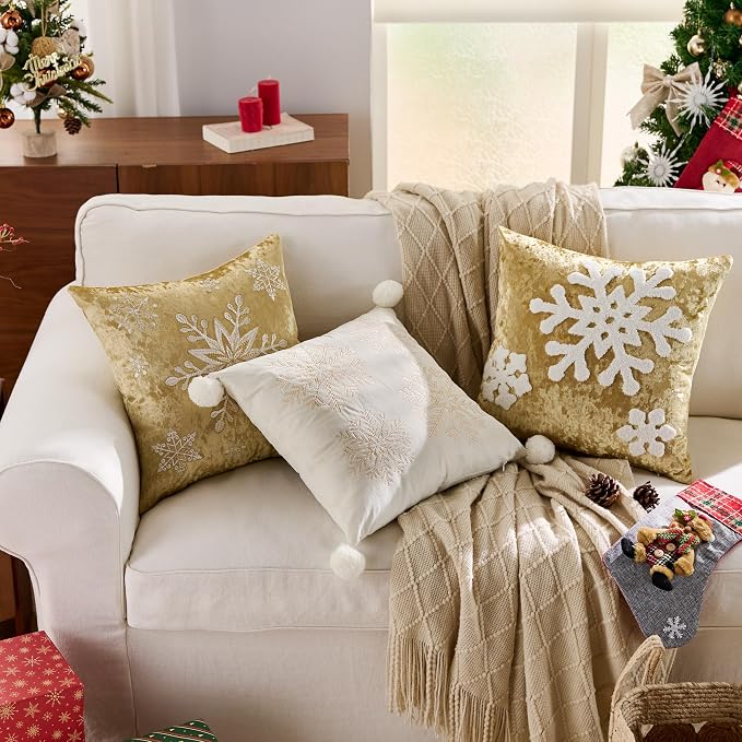 KINDREX Christmas Snowflake Throw Pillow Covers 18x18 Set of 2 Winter Holiday Decorative Gold Embroidered Luxurious Velvet Accent Pillowcase for Sofa Couch Bed Living Room Home Decor