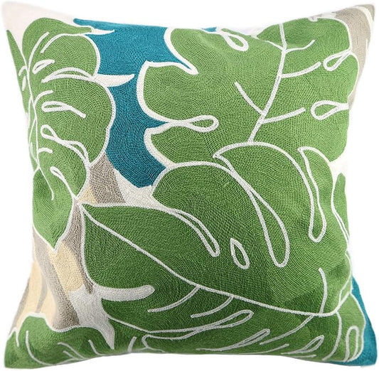 Embroidery Throw Pillow Cover Tropical Leaves 18x18 Inches Decorative Floor Pillow Cover for Couch 100% Cotton Cushion Cover Pillow Case Full Size Monstera Leaf Embroidered, Green, 1 Piece