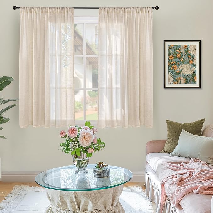 BGment Tan Burlap Linen Sheer Curtains 45 Inch Length for Short Window | Light Filtering Drapes with Rod Pocket for Living Room Bathroom Window Rustic Natural Lightweight, 2 Panels, 42 X 45 Inch